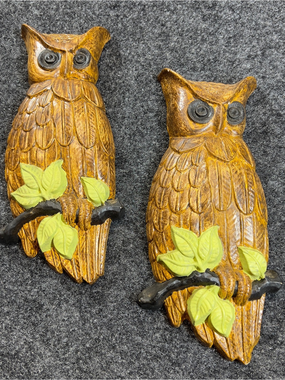 Vintage 1981 Hand Painted Owl Wall Plaques Pair Rustic Woodland Decor
